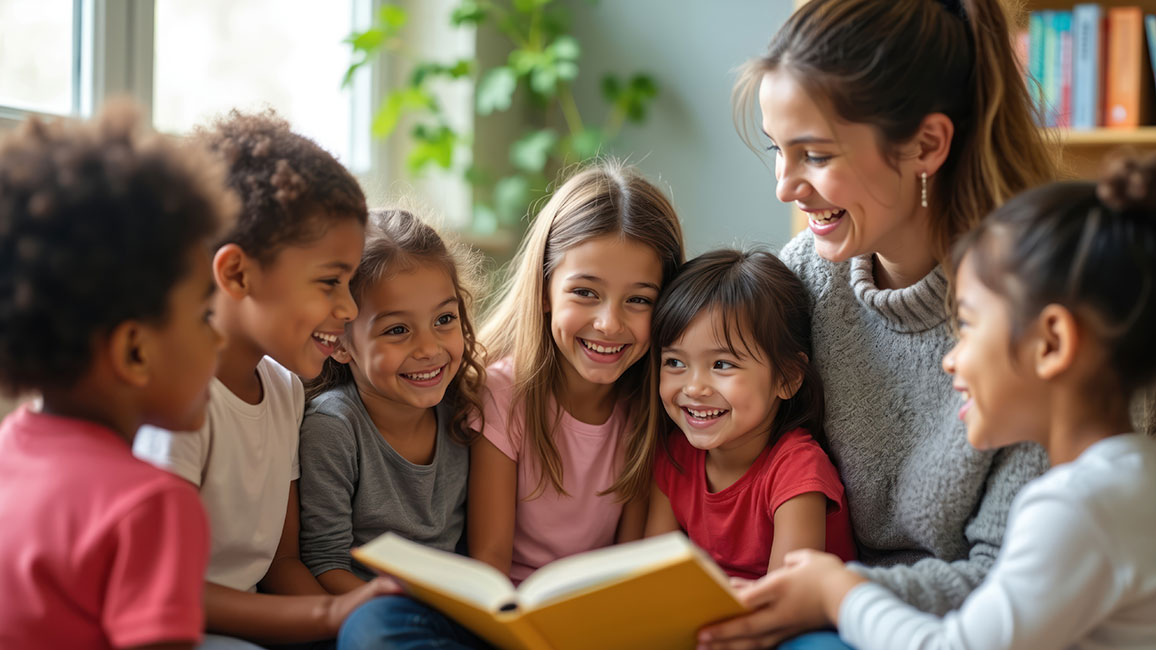 Erzieherin liest Kindern aus Buch vor