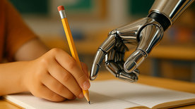 Menschenhand schreibt gemeinsam mit Roboterhand